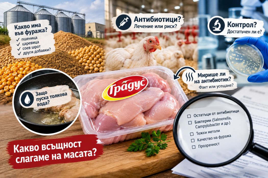 Какво има в пилето на „Градус“? Фуражът, антибиотиците и въпросът, който тревожи потребителите