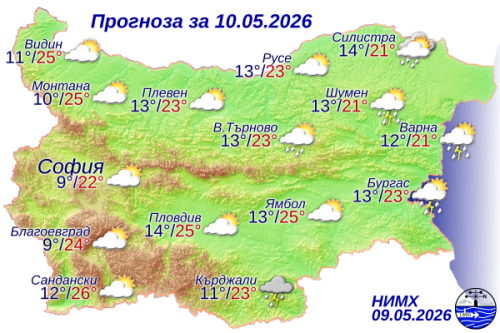 Слънчево преди обяд, следобед с валежи и гръмотевици на места на 10 май