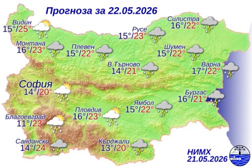 Времето на 22 май: Гръмотевични бури, интензивни валежи и опасност от градушки в страната