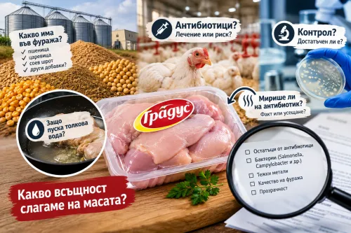 Какво има в пилето на &bdquo;Градус&ldquo;? Фуражът, антибиотиците и въпросът, който тревожи потребителите