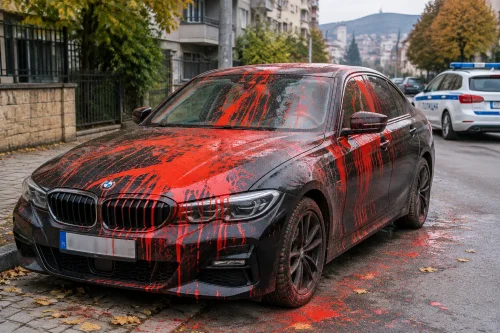 Полицията в Казанлък разследва BMW, залято с червена боя