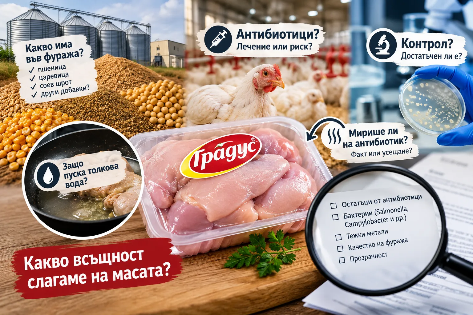 Какво има в пилето на &bdquo;Градус&ldquo;? Фуражът, антибиотиците и въпросът, който тревожи потребителите